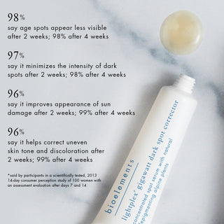 98%* say age spots appear less visible after 2 weeks; 98% after 4 weeks 97%* say it minimizes the intensity of dark spots after 2 weeks; 98% after 4 weeks 96%* say it improves appearance of sun damage after 2 weeks; 99% after 4 weeks 96%* say it helps correct uneven skin tone and discoloration after 2 weeks; 99% after 4 weeks *said by participants in a scientifically tested, 2013 14-day consumer perception study of 100 women with an assessment evaluation after days 7 and 14. 