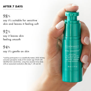 after 7 days: 98% say it’s suitable for sensitive skin and leaves it feeling soft  92% say it leaves skin feeling smooth  94% say it’s gentle on skin *said by participants in a scientifically tested, 2022 42-day consumer perception study of 52 women age 35-60 with identified skin sensitivities, using time sensitive twice daily with an assessment evaluation after day 7, 28 and 42